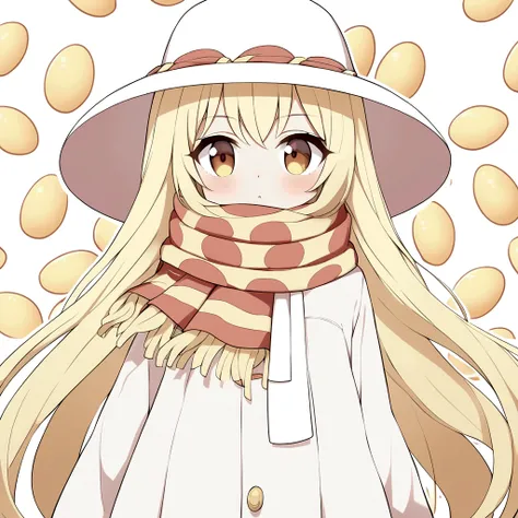 feminine girl, pale yellow hair, dress like pasta, hat that looks like an egg, bacon pattern scarf, Flying carbonara background