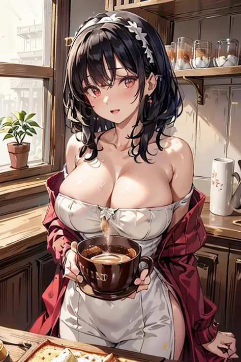 masterpiece, yor, 1girl, Amazing Cleavage:1.3, thin waist, big ass, Raised sexy, medium breast: 1.8 posed cleavage:1.2、solo, looking at viewer, open mouth, have a cup of coffee,black hair, red eyes, dress, bare shoulders, jewelry, collarbone, sidelocks, ha...