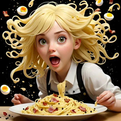 cute girl, pale yellow hair, flying egg, flying Black pepper, flying bacon, splashing carbonara pasta, 