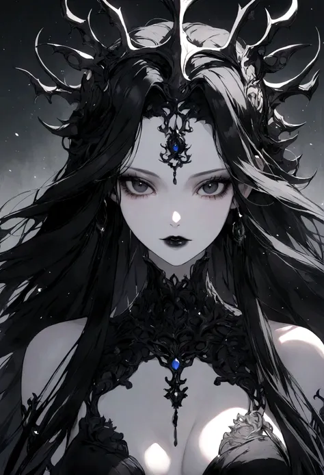 Nyx goddess with pale skin, beautiful woman, black eyes, long black hair, black dress. universe in the eyes, black mouth, serene face, dark beauty.