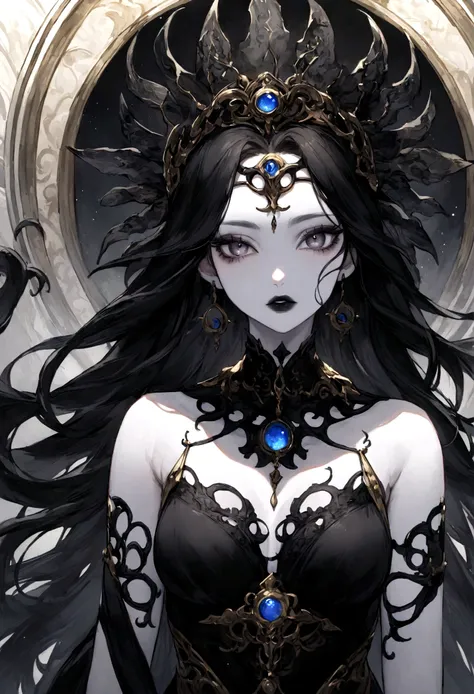 Nyx goddess with pale skin, beautiful woman, black eyes, long black hair, black dress. universe in the eyes, black mouth, serene face, dark beauty.