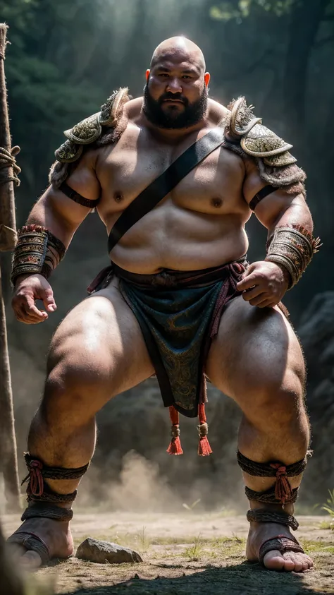 looking at me, face, a fat gentle barbarian, He is a Japanese, mid combat, leather armor, legs exposed from thighs to feet, fierce, battleground background, masterpiece, volumetric lighting, Dramatic, badly fitting Japanese style Loincloth, ((ultra sharp))...