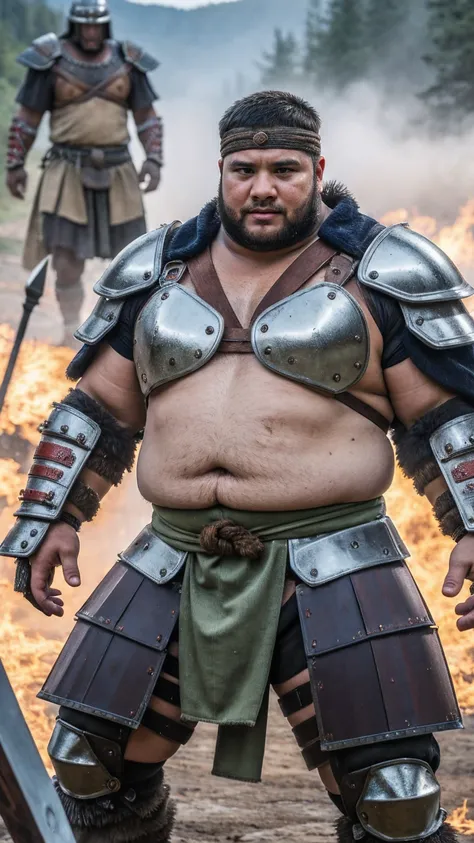 looking at me, face focus, a fat gentle barbarian, He is a Japanese barbarian, mid combat, legs exposed from thighs to feet, heavy fur and iron armor, A battle axe in hand, intense battle scene, fierce, battleground background, masterpiece, volumetric ligh...