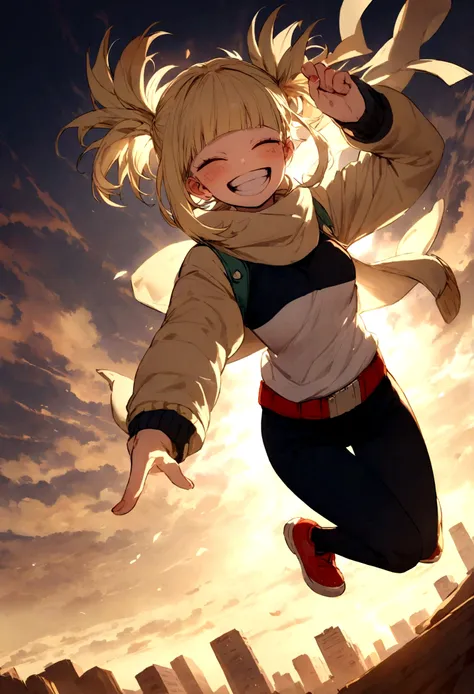 toga from my hero academia, full body jumping, happy face, cute face.