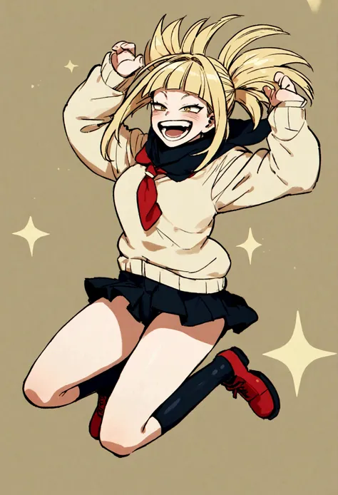 toga from my hero academia, full body jumping, happy face, cute face.