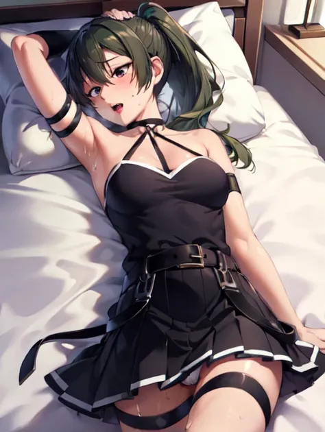 masterpiece, highest quality,(detailed), Bruises, Long Hair, Side Ponytail,
Black Dress,Normal chest、Slender body、 belt, Arm strap, One-elbow gloves, Thigh straps,Lying on my back in bed、
Sweat,sexy, Open mouth、Panty shot、White panties,Cowboy Shot、sexyショット...