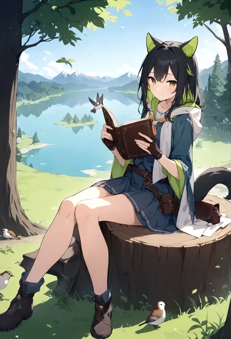 masterpiece, best quality,, 1girl, sitting, animal, animal ears, bird, black_hair, book, bookmark, branch, gloves, grass, green hair, holding, holding book, hood, hood down, leaf, looking at viewer, multicolored hair, open_book, partially fingerless gloves...