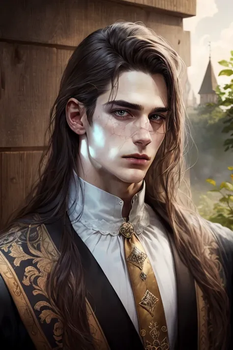 Hyperrealistic art Gothic style ((masterpiece)), ((best quality)), (high resolution), (highly detailed), ((1boy)), long hair, sharp face, seductive, hair ornament, male features, male clothing, cordial clothing, male focus, full body, outdoors, ornate, int...