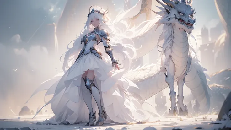 (((masterpiece, best quality, 8k)))Design a layout showcase Fantasy character, (1girl), ((mounted on a dragon)). Beautiful armor, wielding a spear, long white hair, wearing a tiara. ((detailed dragon:1.4)), white dragon, full of intricate details. (masterp...