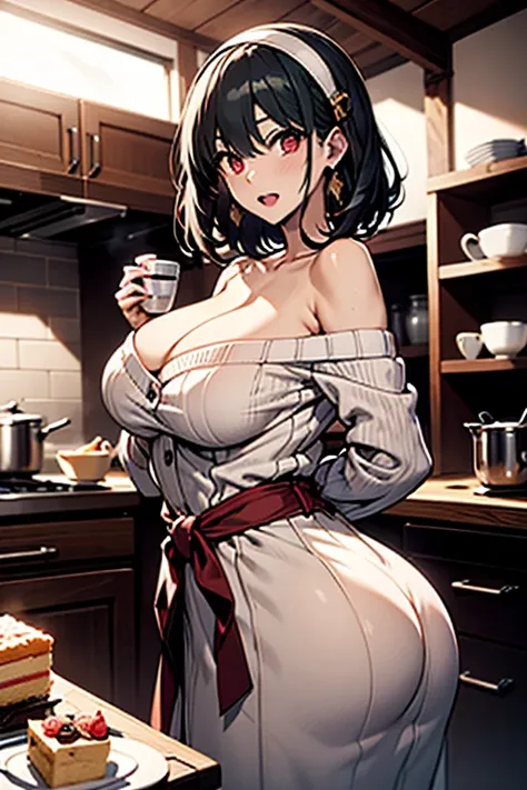 masterpiece, yor, 1girl, Amazing Cleavage:1.3, thin waist, big ass, Raised sexy, medium breast: 1.8 posed cleavage:1.2、solo, looking at viewer, open mouth, have a cup of coffee,black hair, red eyes, dress, bare shoulders, jewelry, collarbone, sidelocks, ha...