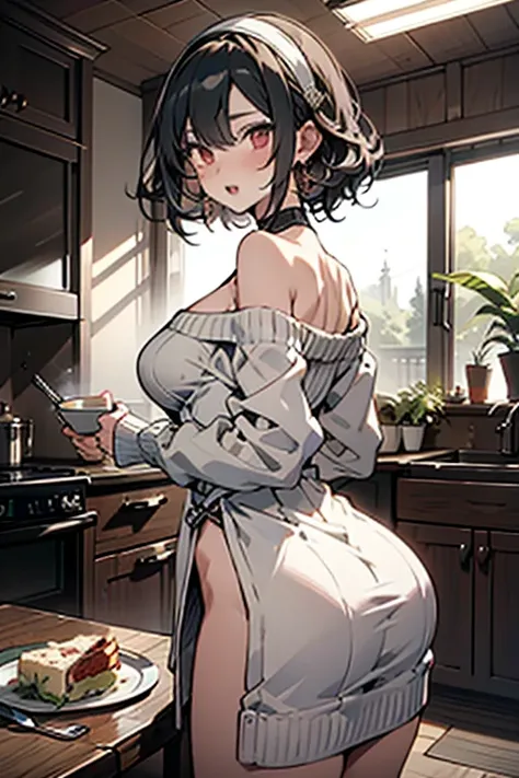 masterpiece, yor, 1girl, Amazing Cleavage:1.3, thin waist, big ass, Raised sexy, medium breast: 1.8 posed cleavage:1.2、solo, looking at viewer, open mouth, have a cup of coffee,black hair, red eyes, dress, bare shoulders, jewelry, collarbone, sidelocks, ha...