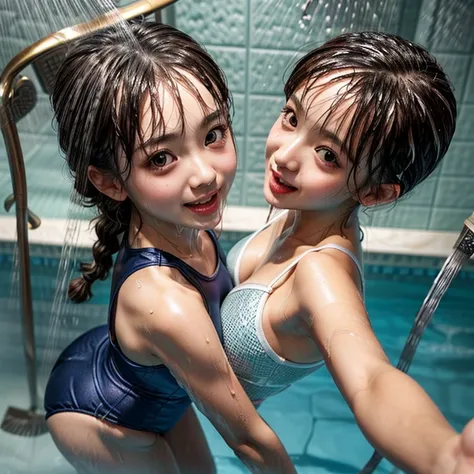 SFW, (Snapshot of girls having fun, open shower room by the pool), Braid hair, With bangs、(School Swimwear), the body is covered with juice、Sweating、be sweaty、Wet pearl skin, ((Wet swimsuit)), Perfect Lighting, Clear Focus, (bokeH:1.4), Roundly butts, { (s...