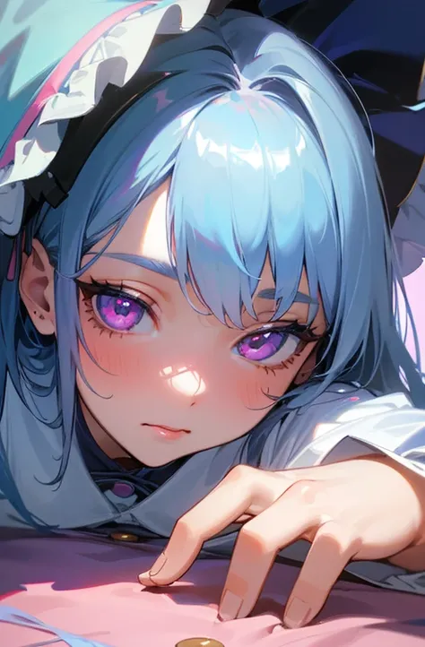 (detailed beautiful eyes and detailed face, masterpiece side light, masterpiece, highest quality, detailed, High resolution illustrations), (1 girl, beautiful girl, Shiny skin), (Sky Blue Hair, Pink Eyes, skirt, ribbon, Button-down shirt)(Kneel on the grou...