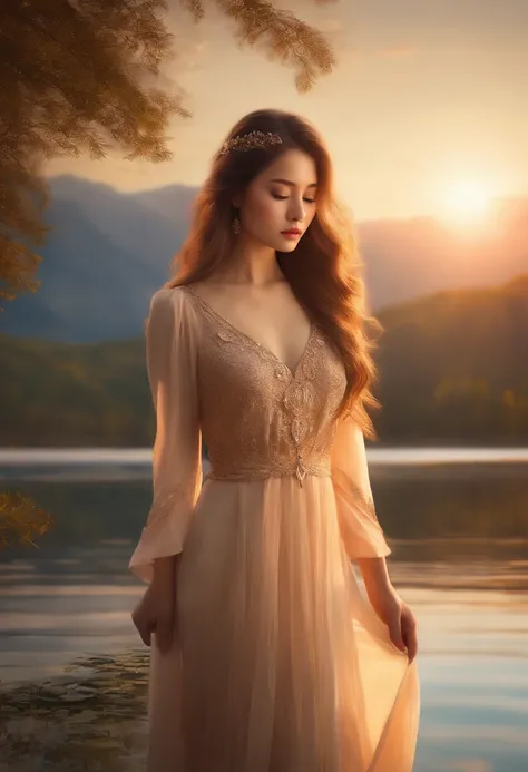 1 girl, Calm expression, Captivating eyes, Straight Long Hair, Flowing Dress, Calm posture, Porcelain-like skin, A faint blush, Crystal Pendant BREAK Golden Hour, (Rim Light):1.2, Warm tones, Solar flare, Soft Shadows, Vibrant colors, Painterly effect, Dre...