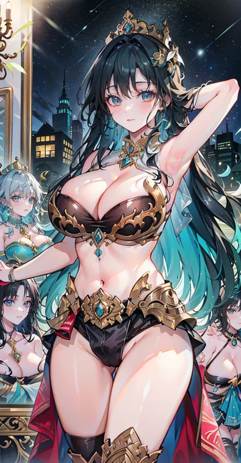 Group of 5 princesses,(6 young women,many young women), (in the bedroom), Various hair styles, harem,(Shiny armor, Beautiful crowns and ornaments,Filigree crystal jewelry), nighttime, detailed face, big breasts,Breast curtain, long skirt, mule, Sleeveless ...