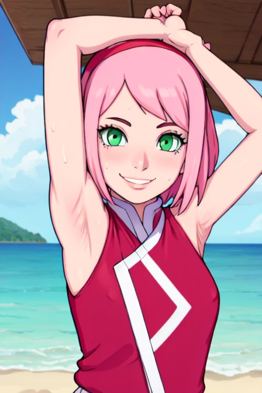 masterpiece, best quality, looking at viewer, upper body, portrait, looking at viewer, seductive smile, put your hands behind your head, armpits, armpits visible, sweaty armpits, haruna sakura, very small breasts, short pink hair, green eyes,wearing red ou...