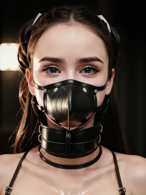  (Sabrina Carpenter, bdsm, bondage, muzzle covering mouth, drool dripping, drool dangling, breathplay,) cleavage, 8k, drool on chest, drooling, realistic, dripping wet, medium breasts, drool all over face, corset, perfect body, smooth skin, pleading eyes, ...