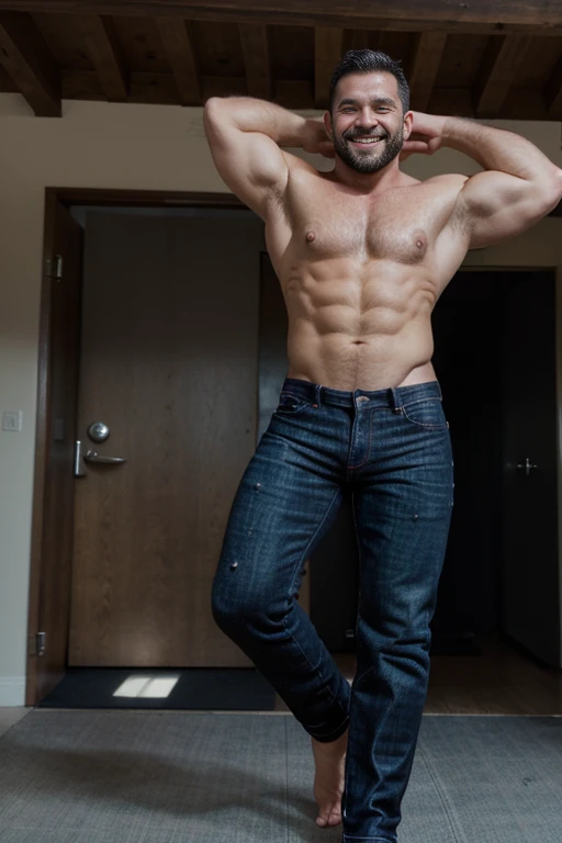 Award-winning original photoen, 30 years old man and wild muscular man, 40 years old, short beards, burly, hunk, (((shirtless))), smilling happil, detailed, lovely, ((full body)),  (((black  jeans))) 