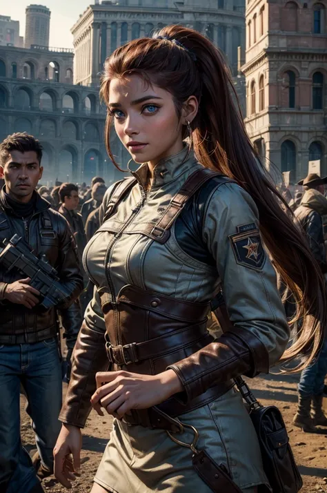 
iliaamitola, ilia amitola, smiling, long hair, blue eyes, brown hair, ponytail, dark skin, dark-skinned female, BREAK khaki mini dress belts, BREAK outdoors, standing near river running next to colosseum, bonfires, wrecked vehicles, crowd, (crowd in milit...