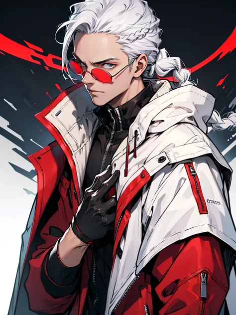 concept art ,human male  ,clear skin ,red eyewear , white hair,long braided ,zip red coat  , black gloves  , cool