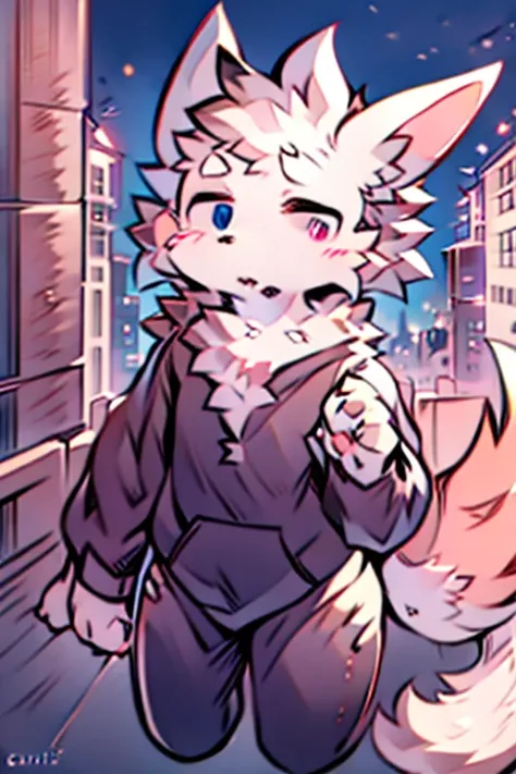 1 boy, city, any outfit, any eye color and expression, alone, fluffy fur, fluffy tail