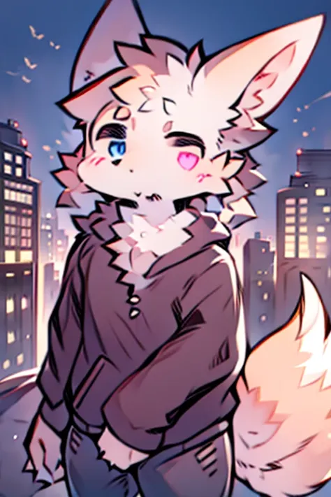 1 boy, city, any outfit, any eye color and expression, alone, fluffy fur, fluffy tail