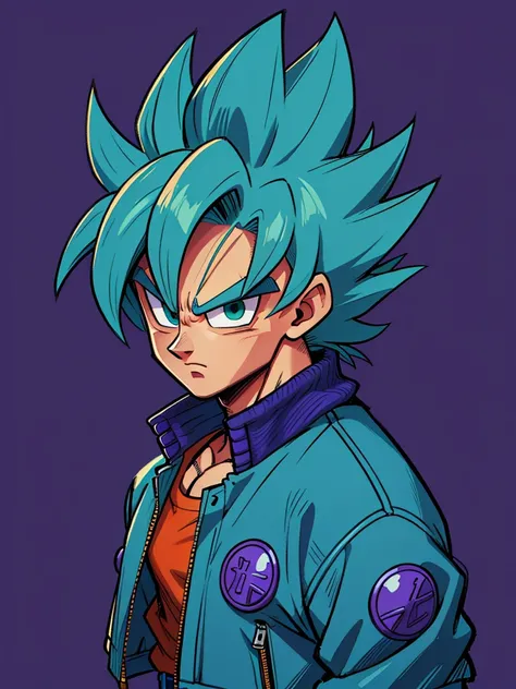 1man, solo, (masterpiece), best quality, ultra-detailed, Son Goku from Dragon Ball Z, super saiyan hair, Retro style, full body. fashion cloth, purple jean jacket, fancy, portrait, upper body, face detail, eyes detail: 1.3, simple background, green eyes, o...