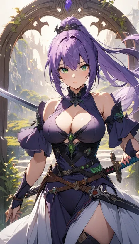 1girl,purple ponytail hair,green eyes,large breasts,fantasy,sword,