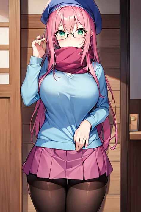 1girl, pink hair, beret, blue shirt, book, book over mouth, covering mouth, shy, timid, wavu hair, long hair, shirt, skirt, miniskirt, pantyhose, large breasts, thick thighs, black pantyhose, green eyes, red glassea, glasses, mature female