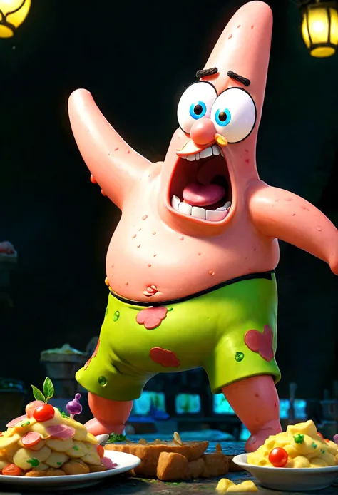 1boy, Patrick Star, ukj character, SpongeBob SquarePants, restaurant, anime, best quality, masterpiece, very aesthetic, perfect composition, intricate details, ultra-detailed