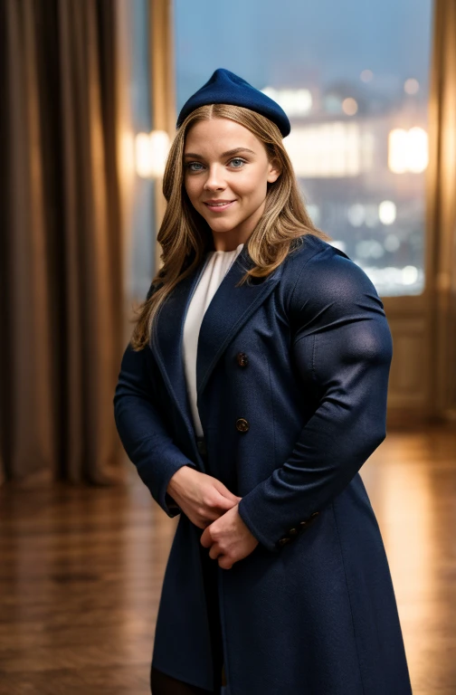 Sydney Sweeney,  a  heavily muscled iffb pro female bodybuilder 
 Looking at Viewer, cinematic lighting, Perfect fit, soft light, High resolution skin:1.2, realistic skin texture、stylish look, full body, 24 years old   Alice Eve 、blue eyes,  small face、sed...