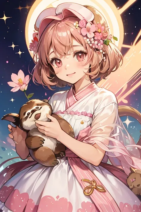 Anotchi is a light brown sloth with pink and white markings. She wears a pink flower on her head. SPARKLE; GLITTER