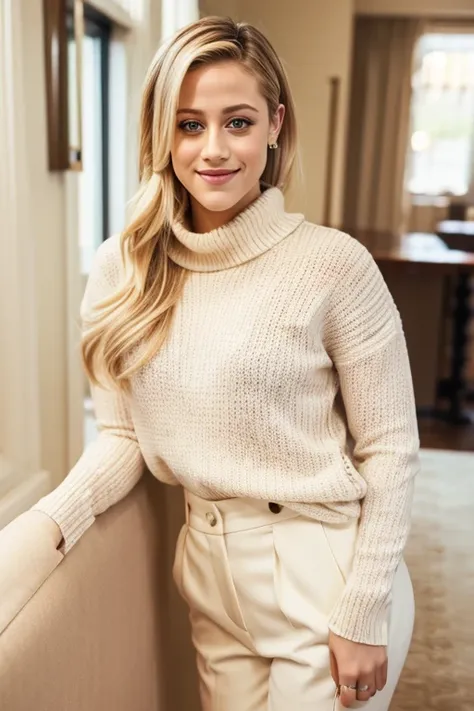 Lili Reinhart dressed in a tight sweater and light-colored pants and smiling sexy