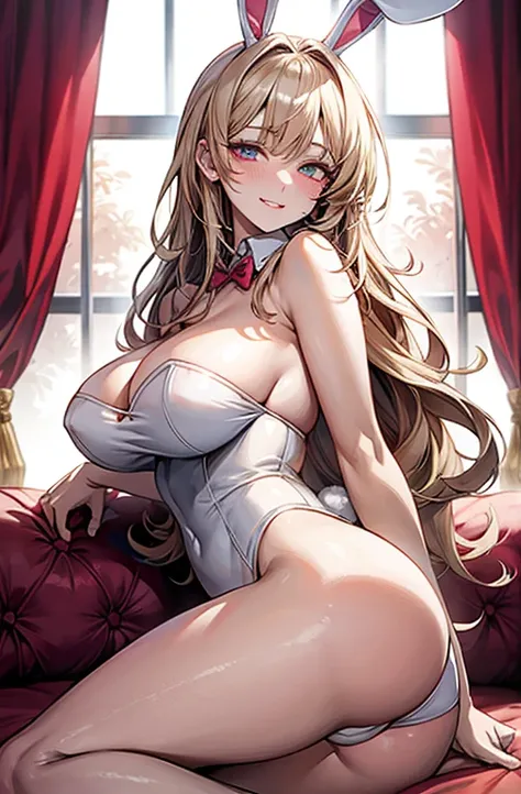 masterpiece, best quality, best lighting, shadows, portrait, perfect anatomy, 1 girl, adult anime girl, 21 years old, bunny girl, bunny uniform, allure, erotic, mature features, pretty face, pretty lips, pretty eyes, white wavy hair, red eyes, seductive ey...