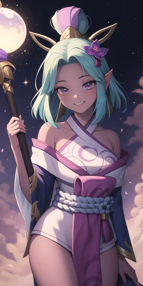 (masterpiece, best quality:1.2), intricate details, spirit blossom soraka, 1girl, purple skin, colored skin, single horn, kimono, hair ornament, bare shoulders, smile