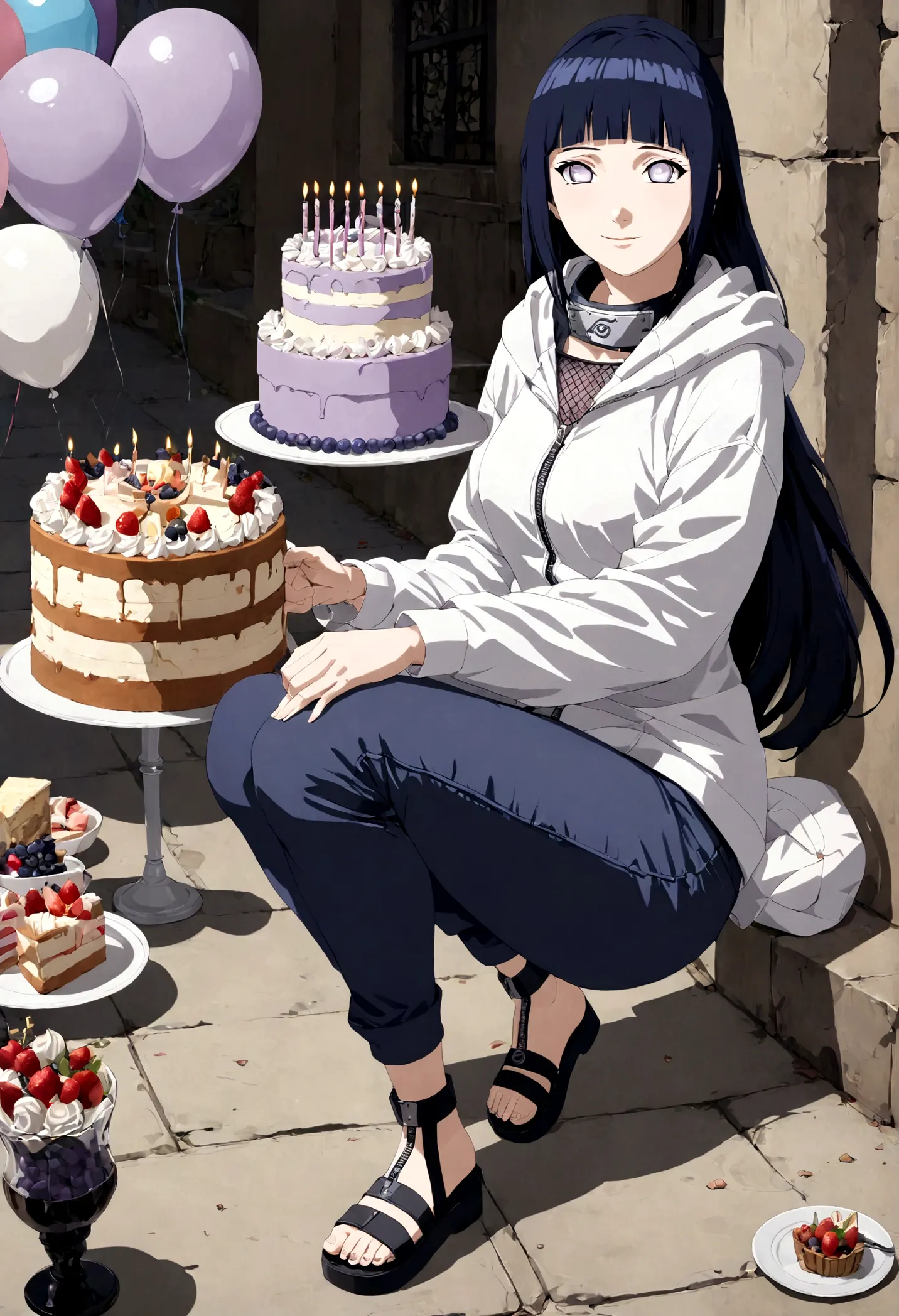 1girl, hinata hyuga, birthday cake, balloon, long hair, blunt bangs, dark blue hair, white eyes, no pupils, forehead protector, ...