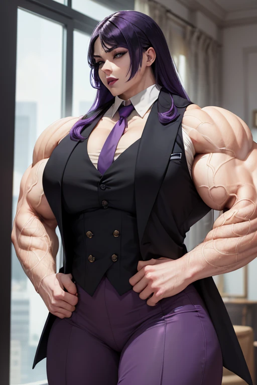 (Massive, beautiful, buff, pale white skinned muscular woman with violet purple hair, black eyes, black lipstick, ginormous bulky muscles), (((violet three-piece suit))), necktie, blazer, (((violet suit jacket))), (((waistcoat))), double-breasted waistcoat...