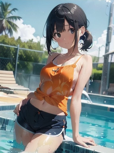 Orange swimsuit((Orange camisole),(Soaked with slimy liquid)),(Navy blue shorts),(A pool of slimy liquid),(Soaked with slimy liquid),Black Hair,