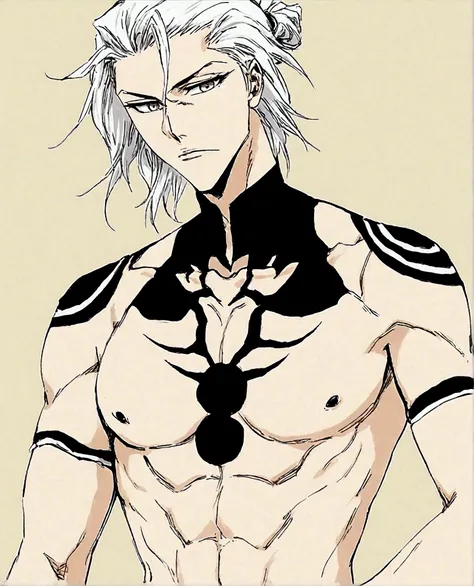 bleach anime, bleach style clothing, sexy anime villain, long white hair, male, full body, black painted nails, espada, lithe body, lean muscles, white longcoat with no shirt