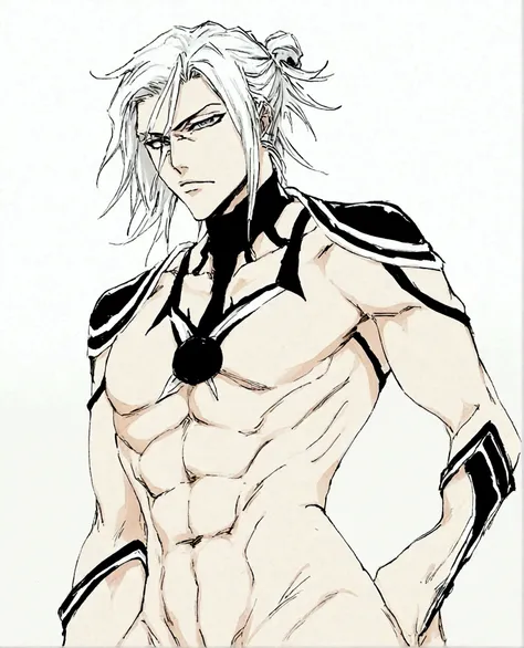 bleach anime, bleach style clothing, sexy anime villain, long white hair, male, full body, black painted nails, espada, lithe body, lean muscles, white longcoat with no shirt