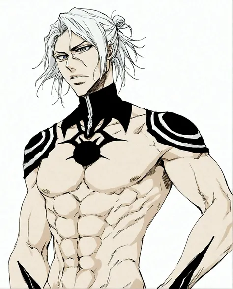 bleach anime, bleach style clothing, sexy anime villain, long white hair, male, full body, black painted nails, espada, lithe body, lean muscles, white longcoat with no shirt