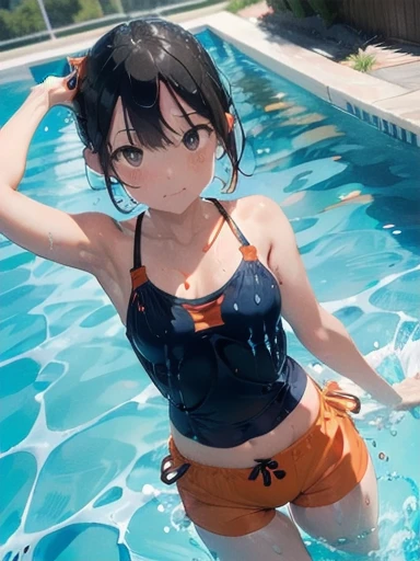 Orange swimsuit((Orange camisole,Navy blue piping),(Soaked with slimy liquid)),(Navy blue shorts),(A pool of slippery lotion),(Soaked with slimy liquid),Black Hair,