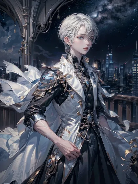 ((4K works))、​masterpiece、(top-quality)、One beautiful boy、Slim body、tall、((Black Y-shirt and white pants、Charming British knight style))、Please wear one jacket、(Detailed beautiful eyes)、Fantastic Night City、((City under the stars))、Fantastic city at midnig...