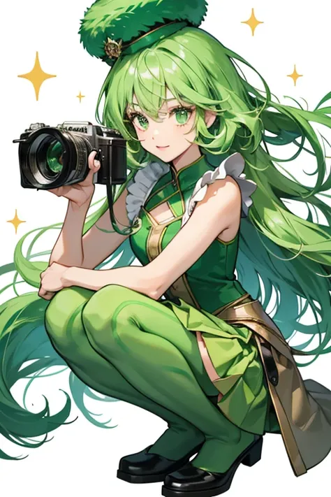 She is squat with short legs and long arms, and green, fluffy hair or a hat that looks like a camera flash.  She has a functional camera on her head and her arms can stretch very long to reach it.  She has a little green skirt around her body. SPARKLE; GLI...