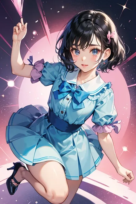 Nadeshiko Akanetchi resembles a girl with short black hair in a wavy cut. She has a round face and big lips. She wears a blue shirt with white sleeves and small high heels. She has a pink bow tie underneath her chin.  GLITTER