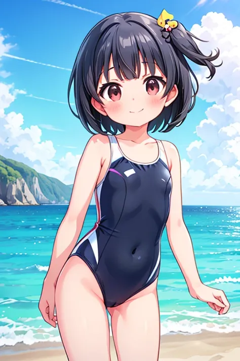 nakatani iku,1girl, swimsuit,school swimsuit,one-piece swimsuit,outdoors, solo, navel, black hair, flat chest, smile,beach,looking at viewer, one side up, blush, day, short hair, hair ornament,closed mouth,arms behind back,standing,shoot from below,pussy