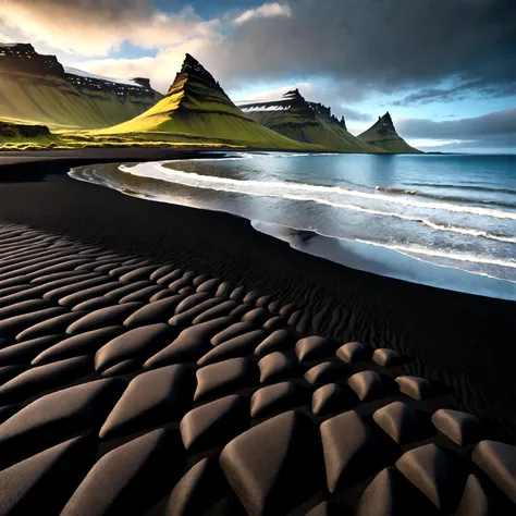 arafed mountain in the distance with a beach and a body of water, black sand, beautiful dark beach landscape, by harald giersing...