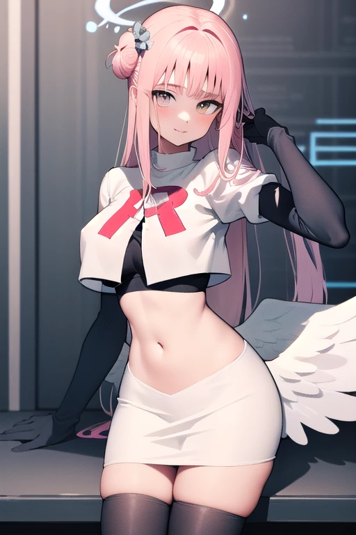 1girl, mika (blue archive), solo, pink hair, wings, halo, long hair,single side bun, hair bun, yellow eyes, hair ornament,  low wings, white wings, scrunchie, looking at viewer, hair flower, feathered wings, very long hair, angel wings, bangs,  team rocket...