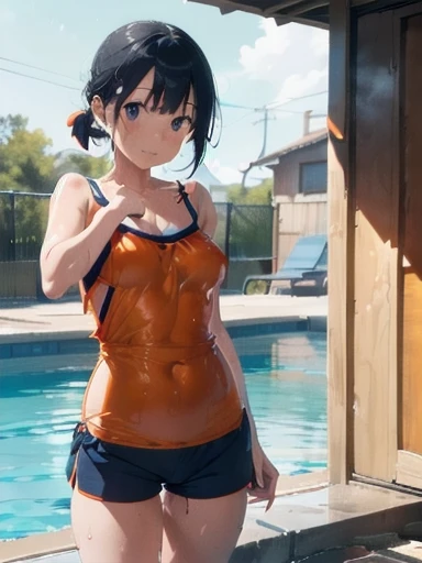 Orange swimsuit((Orange camisole,Navy blue piping),(Soaked with slimy liquid)),(Navy blue shorts),(A pool of slippery lotion),(Soaked with slimy liquid),Black Hair,Are standing,