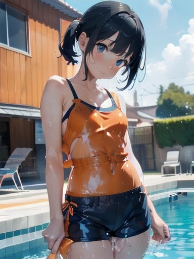 Orange swimsuit((Orange camisole,Navy blue piping),(Soaked with slimy liquid)),(Navy blue shorts),(A pool of slippery lotion),(Soaked with slimy liquid),Black Hair,Are standing,Bright spot,